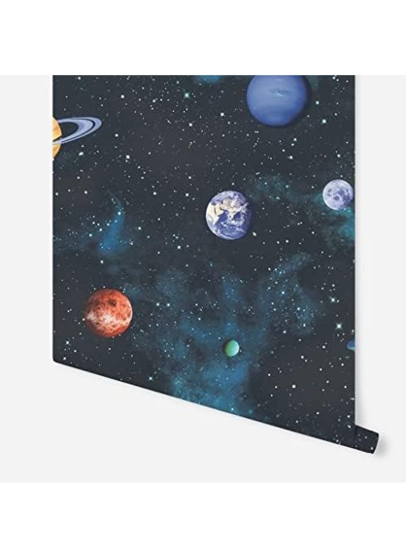 BPA - Kids Cosmos Space Planets Charcoal Gray Wallpaper - Twinkling Stars on a Midnight Background with Green Accents - Amazing 3D Effect - Ideal for Teenager Bedroom - Image 1