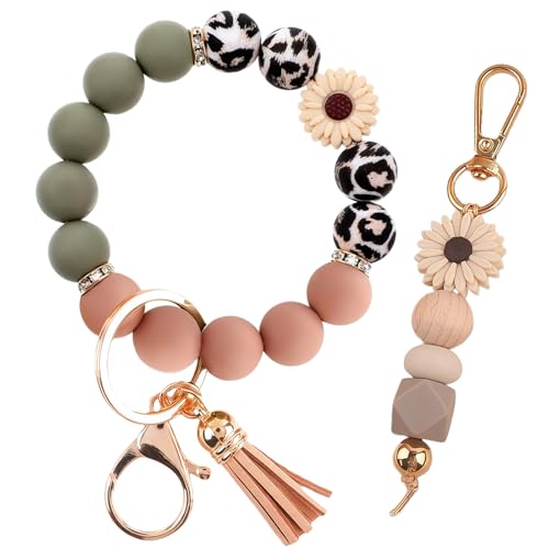 Qubusm Bracelet Key Ring Set, Cute Car Key chain Wristlet, Silicone Beaded Bangle keyChains for Women Girls - Image 1