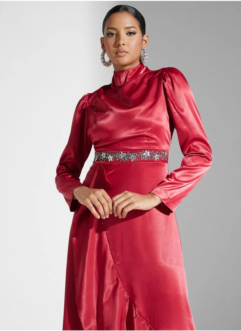 Khizana Embellished Detail Ruffle Hem Dress