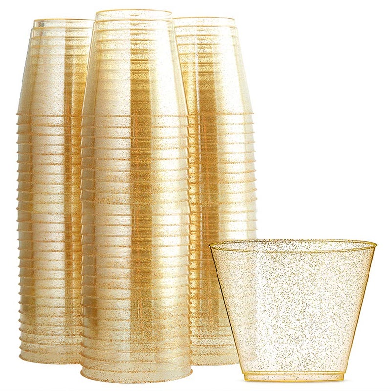 WDF 200pcs 9OZ Gold CupsDisposable Premium Wedding Gold Glitter Plastic Cups for Party