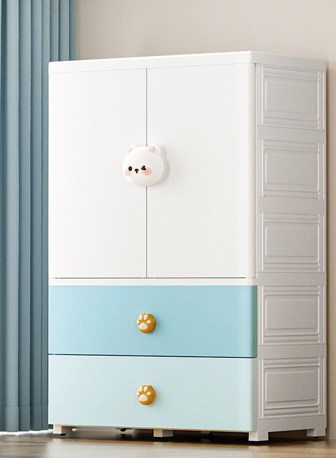 NKX Kids Wardrobe Cabinet 65CM with Hanging Rod & Drawers | Foldable Children's Closet Organizer with Cute Bear Handle | Blue & White - Image 1
