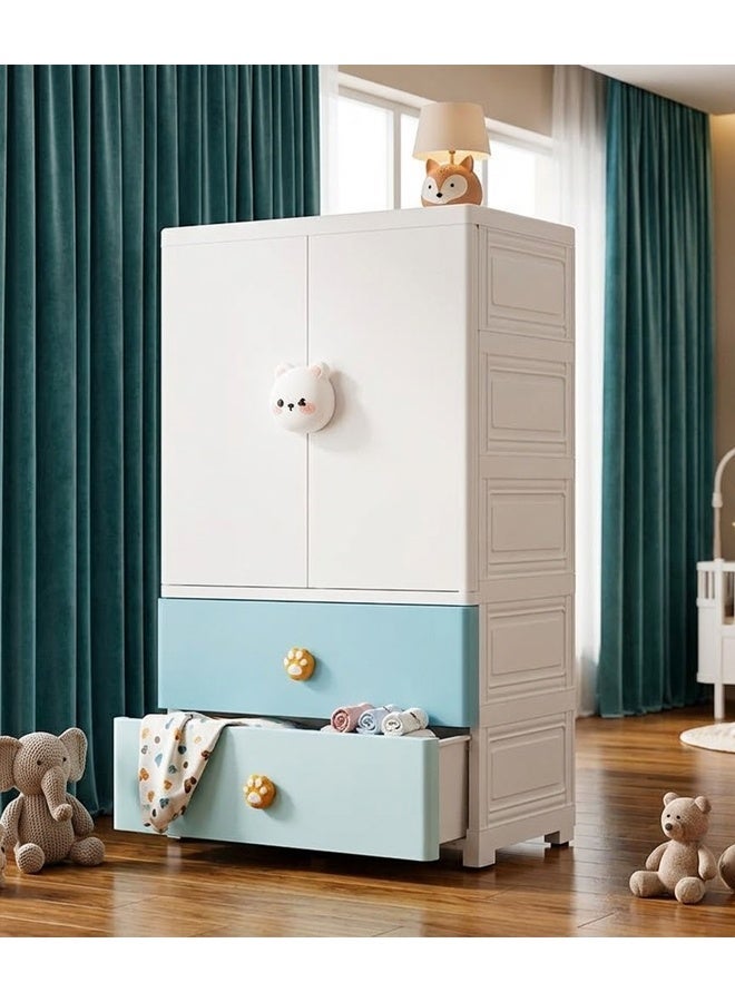 NKX Kids Wardrobe Cabinet 65CM with Hanging Rod & Drawers | Foldable Children's Closet Organizer with Cute Bear Handle | Blue & White - Image 2