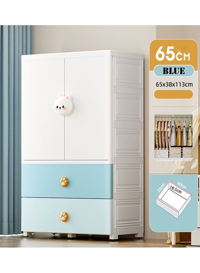 NKX Kids Wardrobe Cabinet 65CM with Hanging Rod & Drawers | Foldable Children's Closet Organizer with Cute Bear Handle | Blue & White - Image 3