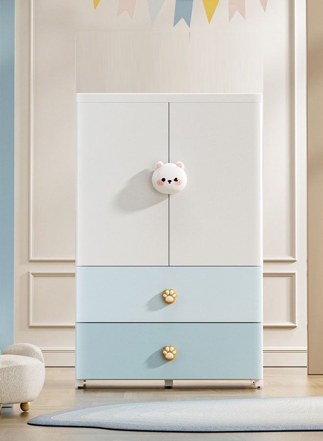 NKX Kids Wardrobe Cabinet 65CM with Hanging Rod & Drawers | Foldable Children's Closet Organizer with Cute Bear Handle | Blue & White - Image 5
