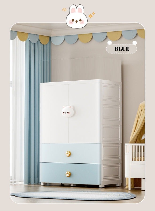 NKX Kids Wardrobe Cabinet 65CM with Hanging Rod & Drawers | Foldable Children's Closet Organizer with Cute Bear Handle | Blue & White - Image 4