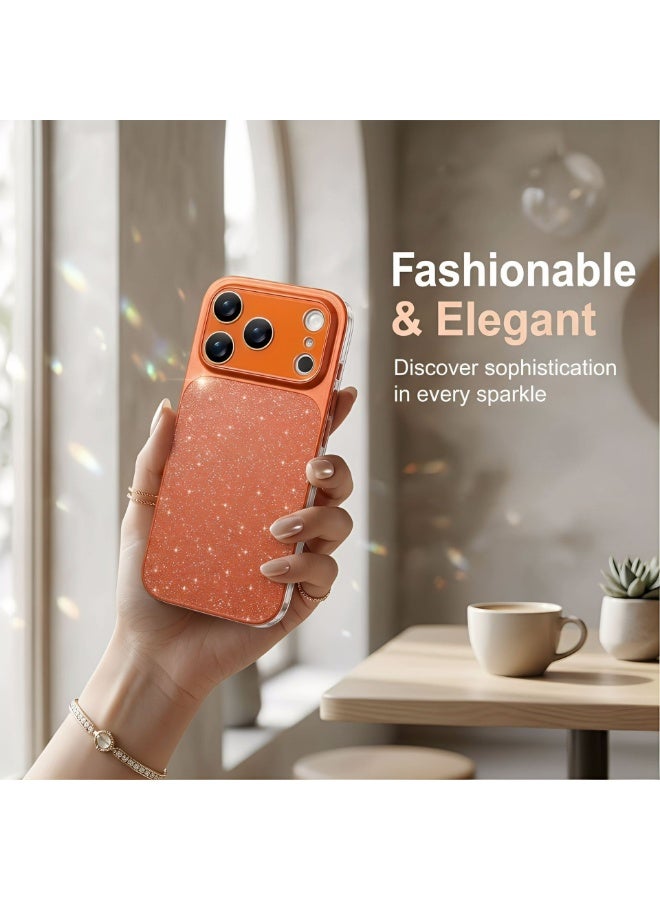 HaDoii Slim Case for iPhone 17 Pro, Glitter Bling Sparkle Women Girls Phone Case with Camera Lens Film & Full Button Coverage, Shockproof Heavy Duty Protection Electroplated Cover , Orange - Image 2