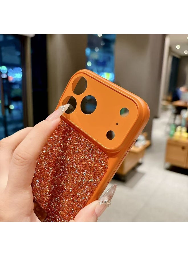 HaDoii Slim Case for iPhone 17 Pro, Glitter Bling Sparkle Women Girls Phone Case with Camera Lens Film & Full Button Coverage, Shockproof Heavy Duty Protection Electroplated Cover , Orange - Image 3