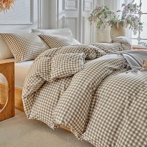 DuShow Grid King Duvet Cover Set - Tan Gingham Washed Microfiber Comforter Cover Set, 3 Pieces Plaid Checkered Soft Reversible Bedding Set(Tan,King) - Image 1