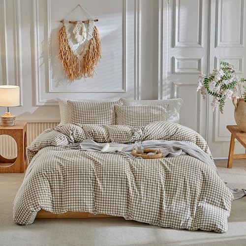 DuShow Grid King Duvet Cover Set - Tan Gingham Washed Microfiber Comforter Cover Set, 3 Pieces Plaid Checkered Soft Reversible Bedding Set(Tan,King) - Image 2