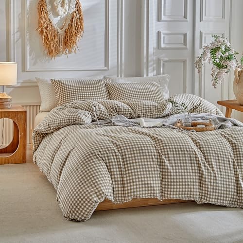 DuShow Grid King Duvet Cover Set - Tan Gingham Washed Microfiber Comforter Cover Set, 3 Pieces Plaid Checkered Soft Reversible Bedding Set(Tan,King) - Image 3