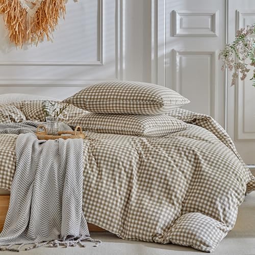 DuShow Grid King Duvet Cover Set - Tan Gingham Washed Microfiber Comforter Cover Set, 3 Pieces Plaid Checkered Soft Reversible Bedding Set(Tan,King) - Image 4
