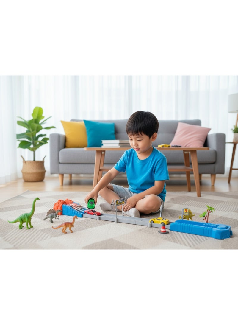 متجر 7 مجموعة مسار سباق سيارات للأطفال مع سيارتين حديد ومجسمات ديناصورات – لعبة تركيب DIY تعليمية وممتعة – مضمار سباق تفاعلي يحتوي على قطع تركيب وأدوات سباق – مناسبة للأولاد والبنات - Image 5