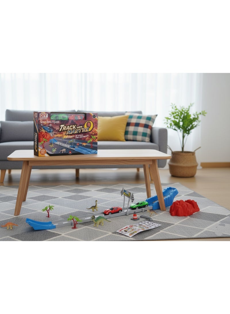 متجر 7 مجموعة مسار سباق سيارات للأطفال مع سيارتين حديد ومجسمات ديناصورات – لعبة تركيب DIY تعليمية وممتعة – مضمار سباق تفاعلي يحتوي على قطع تركيب وأدوات سباق – مناسبة للأولاد والبنات - Image 3