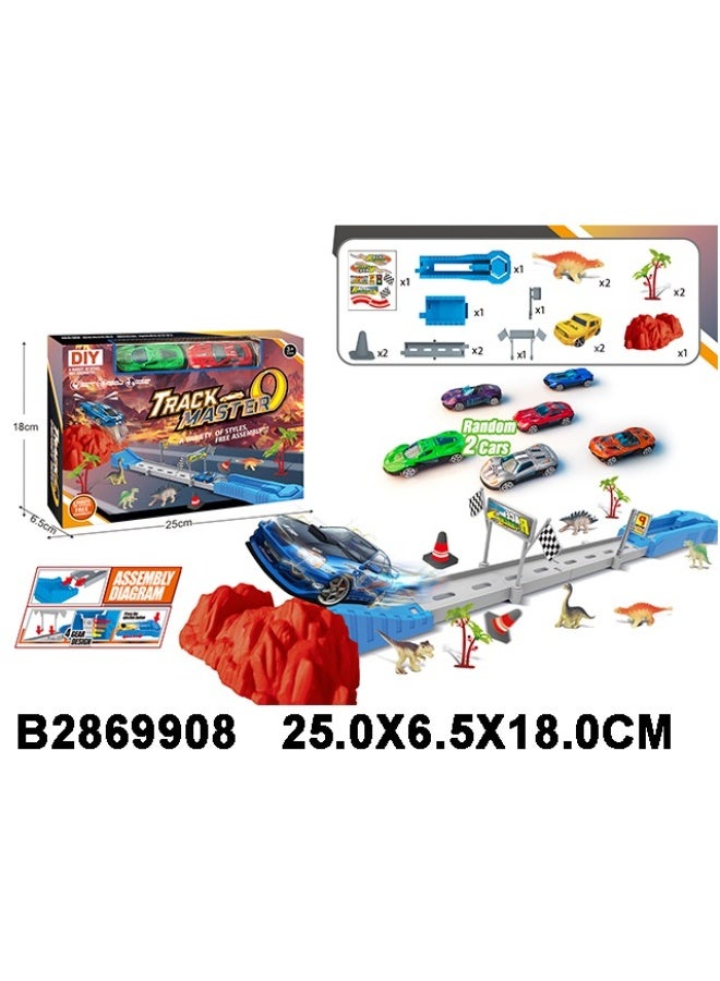 متجر 7 مجموعة مسار سباق سيارات للأطفال مع سيارتين حديد ومجسمات ديناصورات – لعبة تركيب DIY تعليمية وممتعة – مضمار سباق تفاعلي يحتوي على قطع تركيب وأدوات سباق – مناسبة للأولاد والبنات - Image 2