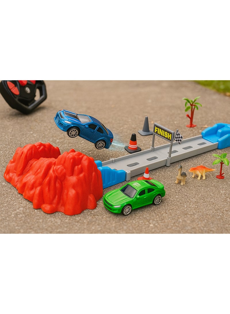 متجر 7 مجموعة مسار سباق سيارات للأطفال مع سيارتين حديد ومجسمات ديناصورات – لعبة تركيب DIY تعليمية وممتعة – مضمار سباق تفاعلي يحتوي على قطع تركيب وأدوات سباق – مناسبة للأولاد والبنات - Image 4