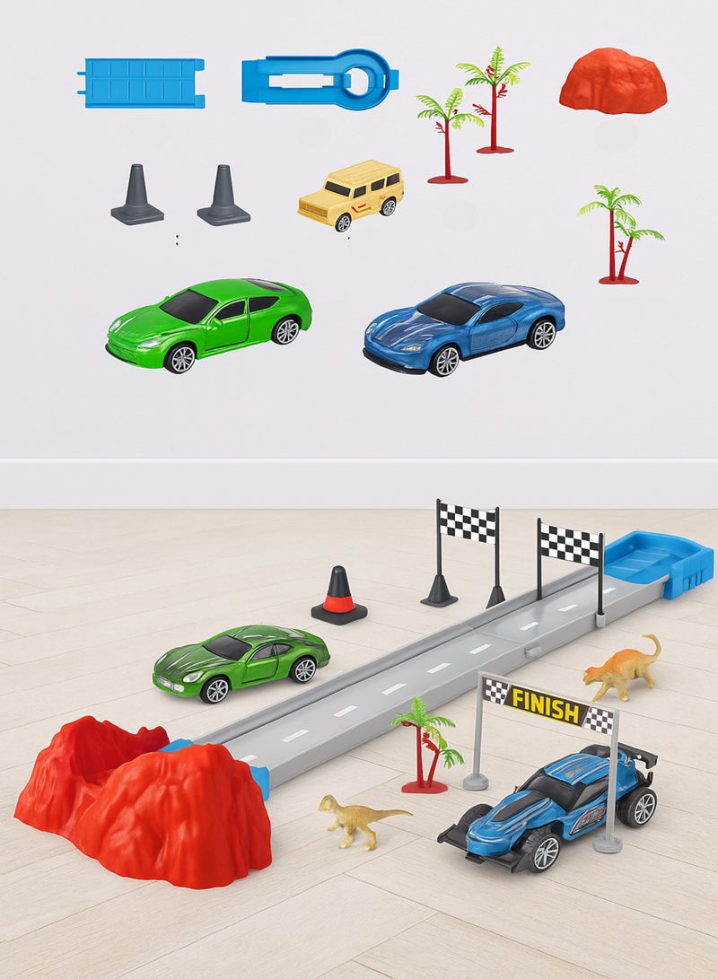 متجر 7 مجموعة مسار سباق سيارات للأطفال مع سيارتين حديد ومجسمات ديناصورات – لعبة تركيب DIY تعليمية وممتعة – مضمار سباق تفاعلي يحتوي على قطع تركيب وأدوات سباق – مناسبة للأولاد والبنات - Image 1