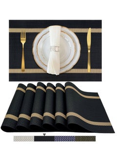 ablieve Black Placemats Set of 6 - Washable Easy Clean Vinyl Placemats - Heat Resistant PVC Place Mats - Table Mats for Dining Table  - Image 1