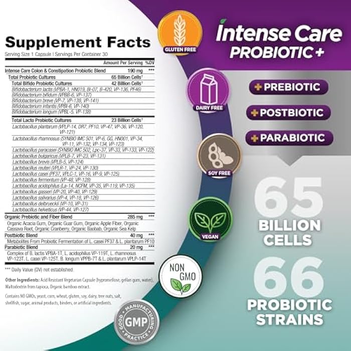 Vital Planet - Intense Care Colon & Constipation Probiotics Plus Organic Prebiotics, Postbiotics, Parabiotics, Complete 4-in-1 Health Supplement for Adults, 65 Billion CFU, 66 Strains, 30 ct - Image 2