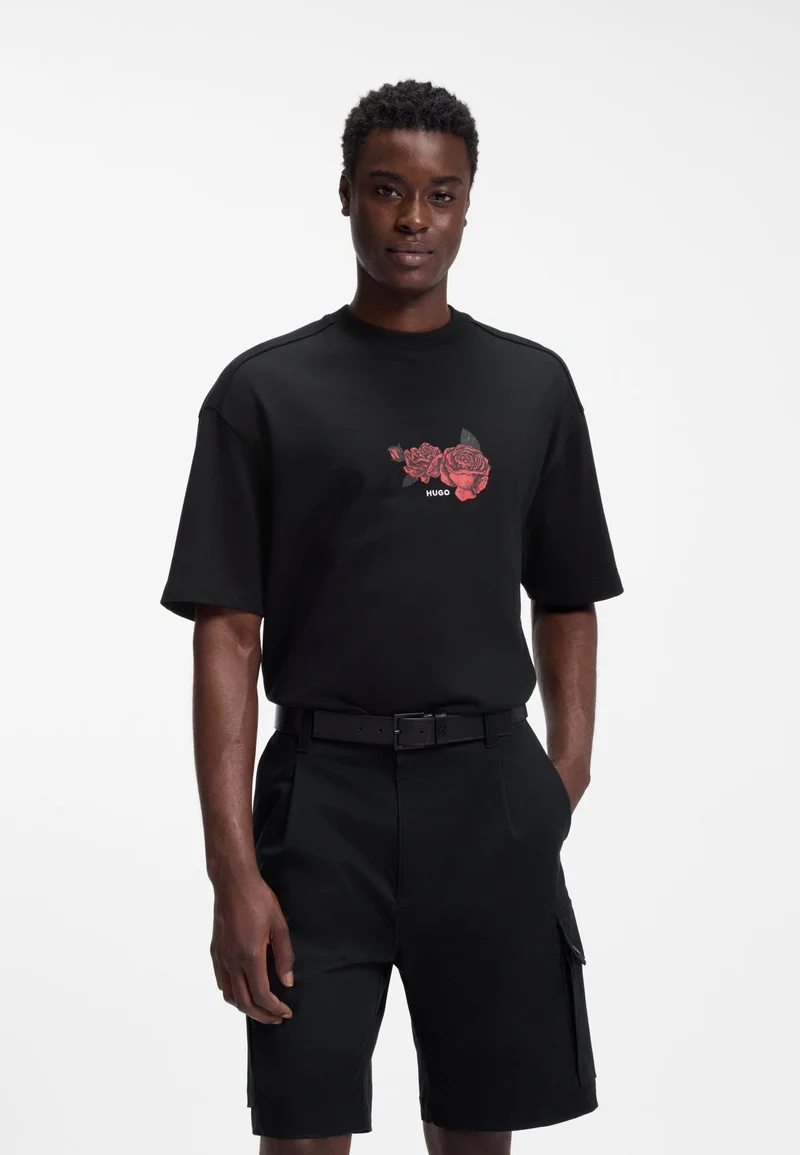 هوجو Oversized-fit cotton T-shirt with biker and roses graphic