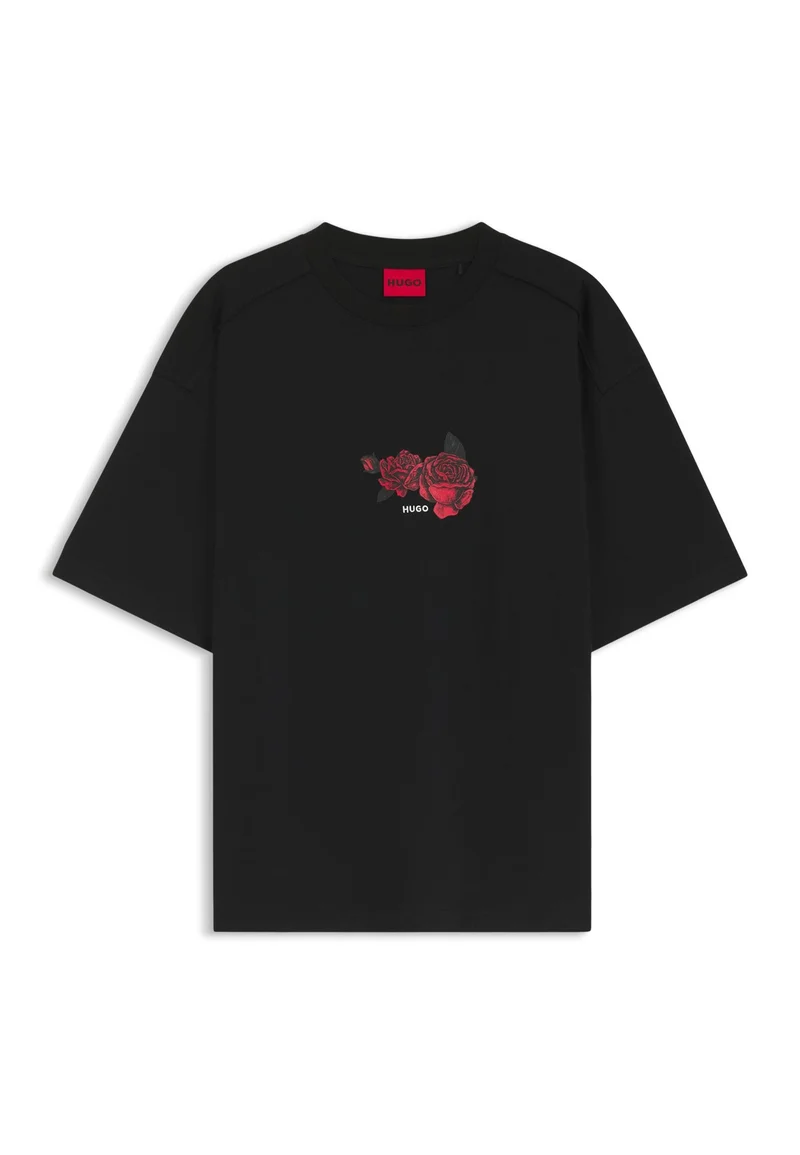 HUGO Black Oversized-fit cotton T-shirt with biker and roses graphic for Men | Best Price UAE