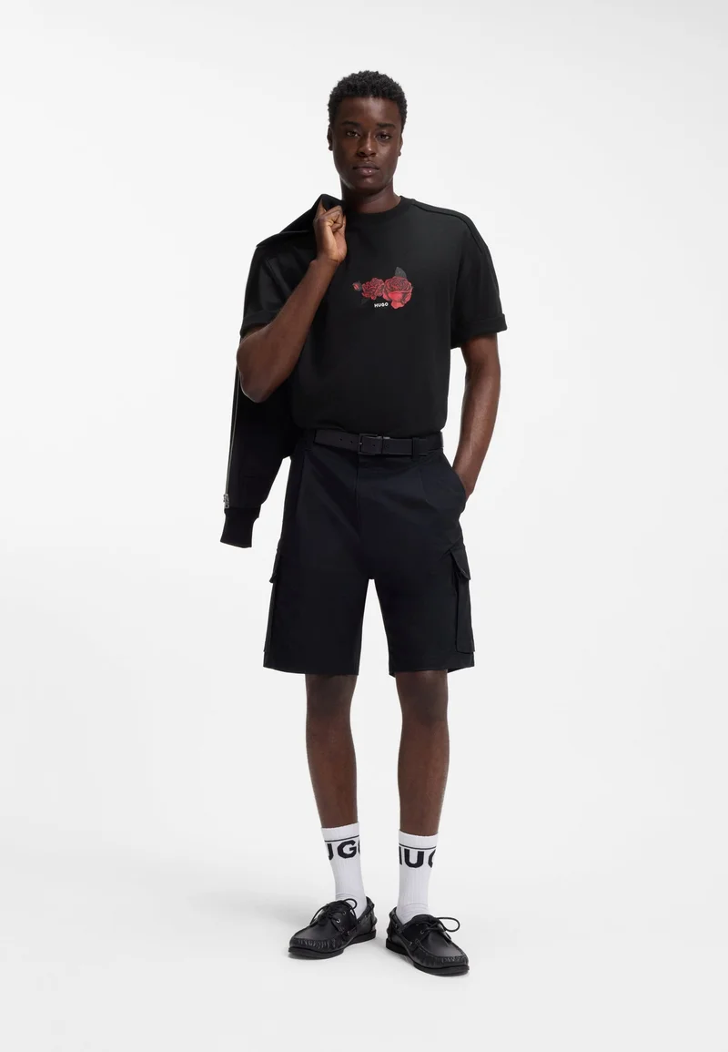 HUGO Black Oversized-fit cotton T-shirt with biker and roses graphic for Men | Best Price UAE