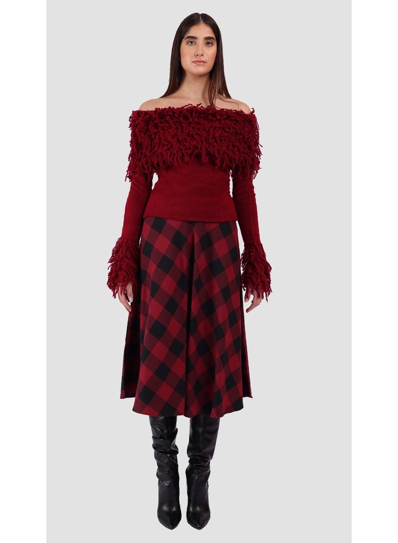 KYVELi Women’s Off-Shoulder Shaggy Textured Knit Top – Burgandy - Image 2