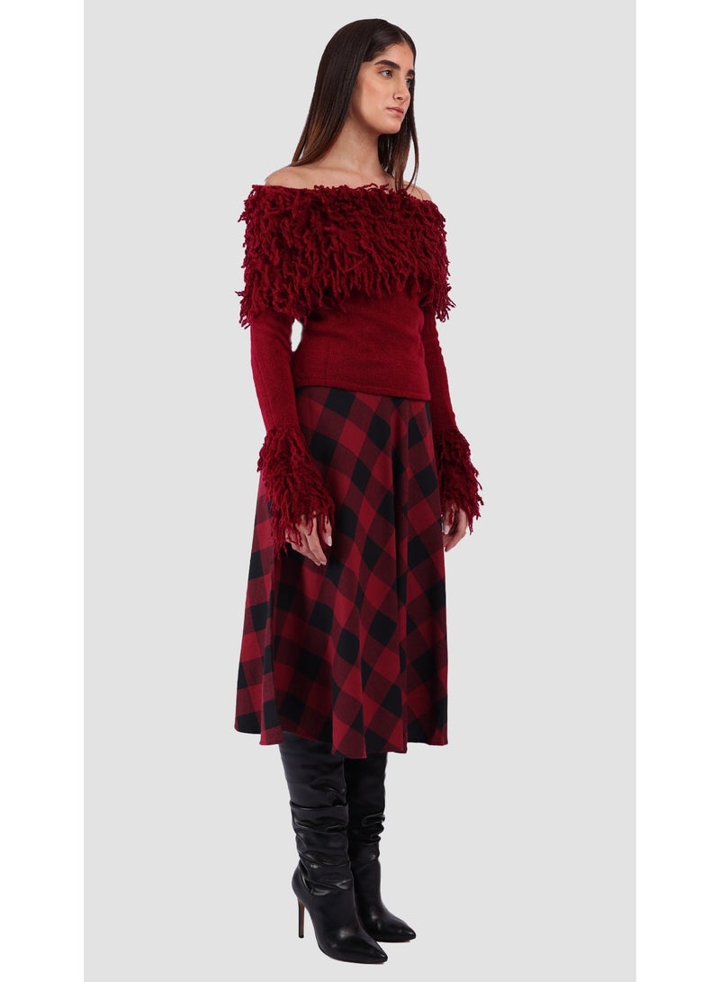 KYVELi Women’s Off-Shoulder Shaggy Textured Knit Top – Burgandy - Image 3