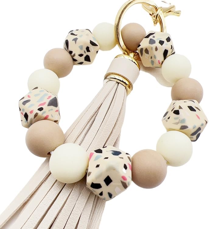 Boethesi Silicone Beaded Bracelet Keychain Key Ring for Women, Key Chain with PU Tassel, Car Keyring Wristlet Bag Pendant - Image 1