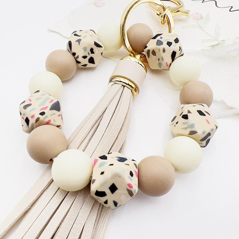 Boethesi Silicone Beaded Bracelet Keychain Key Ring for Women, Key Chain with PU Tassel, Car Keyring Wristlet Bag Pendant - Image 2
