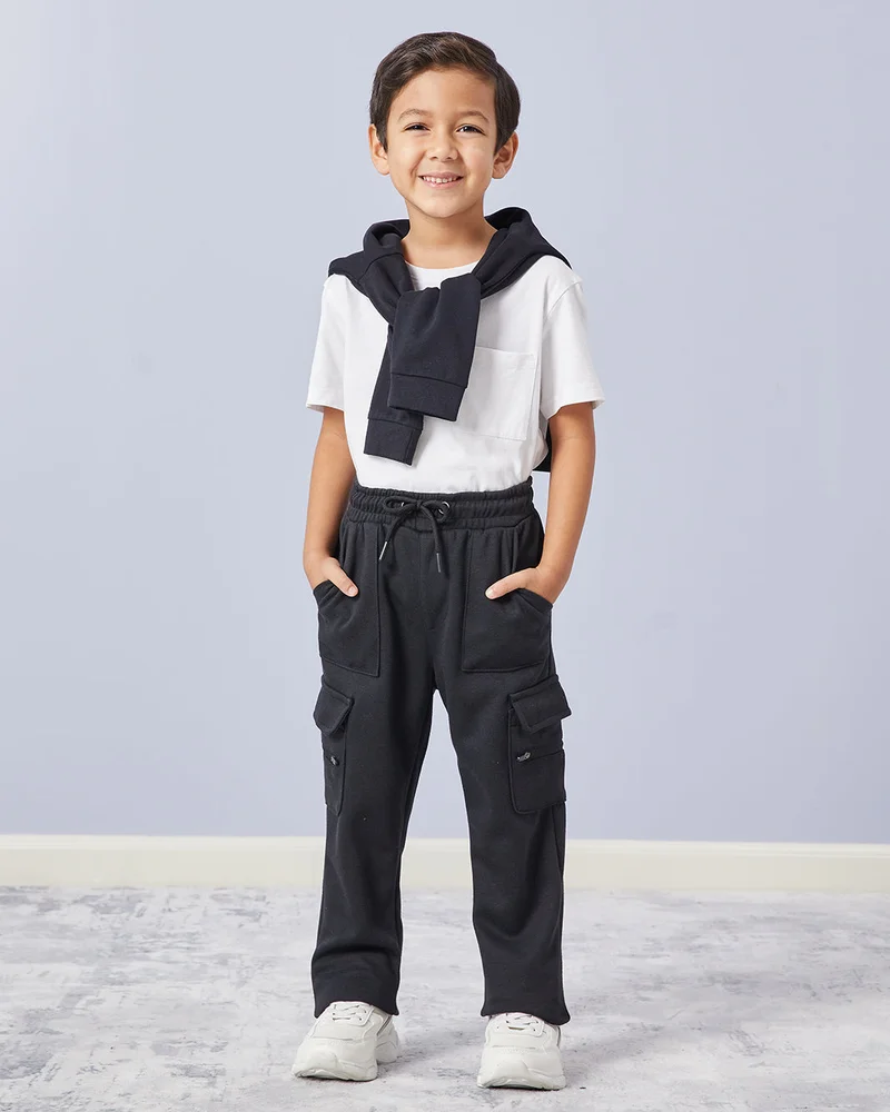 REDTAG Boys Black Cargo Zip Pocket Track Pants