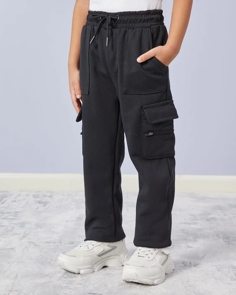 REDTAG Boys Black Cargo Zip Pocket Track Pants