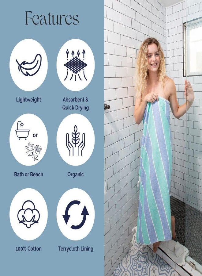 InfuseZen Terry Cloth Lined Turkish Bath & Beach Towel - Striped Design - 100% Organic Turkish Cotton - Soft, Lightweight, Absorbent Peshtemal, Quick Dry for Beach, Bath, Throw, Travel - Mint/Blue - Image 5