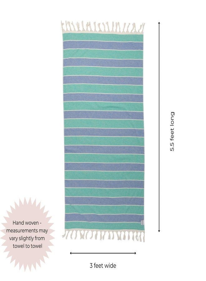 InfuseZen Terry Cloth Lined Turkish Bath & Beach Towel - Striped Design - 100% Organic Turkish Cotton - Soft, Lightweight, Absorbent Peshtemal, Quick Dry for Beach, Bath, Throw, Travel - Mint/Blue - Image 3