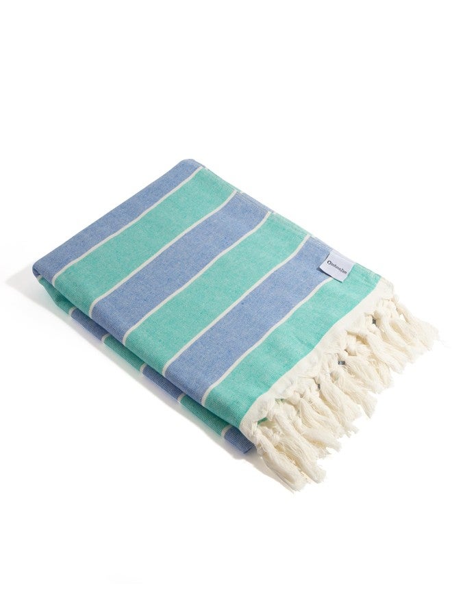 InfuseZen Terry Cloth Lined Turkish Bath & Beach Towel - Striped Design - 100% Organic Turkish Cotton - Soft, Lightweight, Absorbent Peshtemal, Quick Dry for Beach, Bath, Throw, Travel - Mint/Blue - Image 1