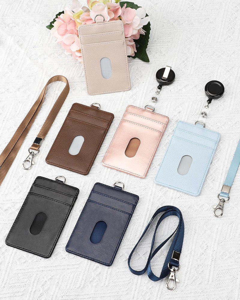 Teskyer PU Leather Badge Holder with Lanyard & 1 Retractable Badge Reel, Upgraded 4 Card Slots ID Card Holder for Office School Staff Employees ID Badges - Lychee Beige - Image 5