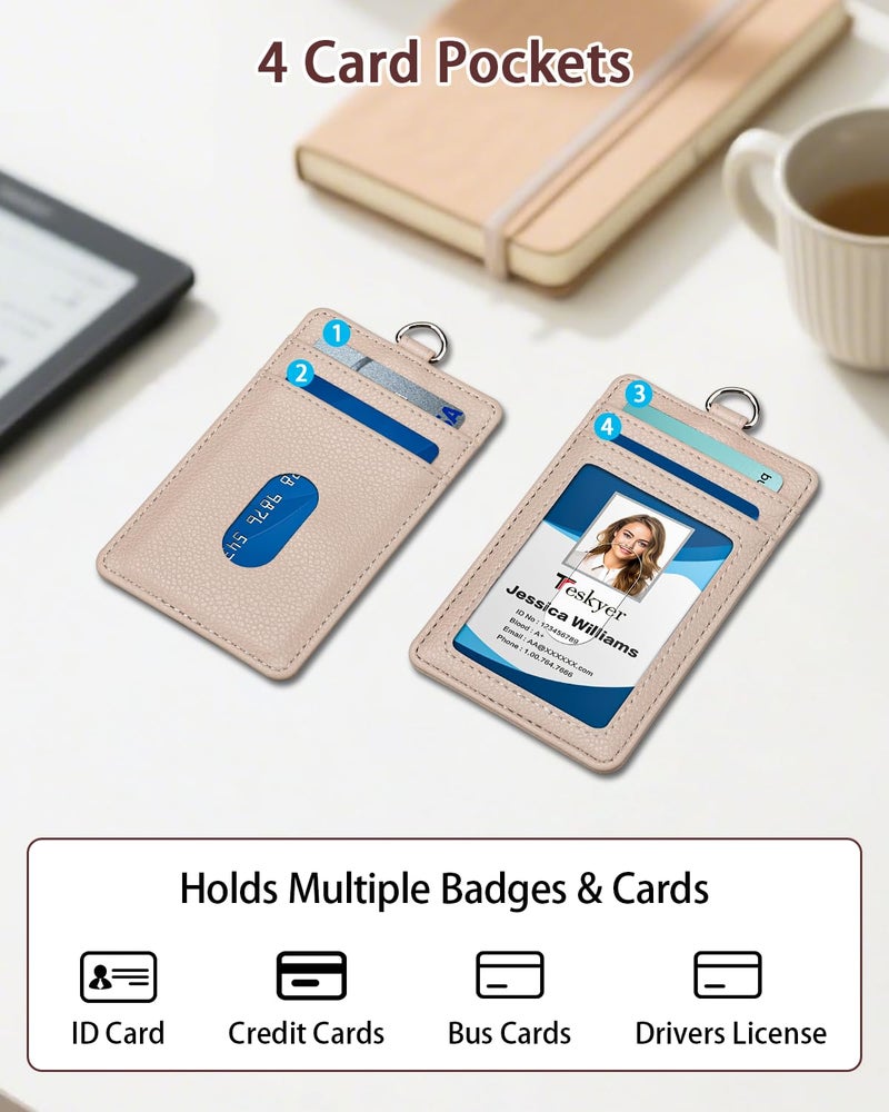 Teskyer PU Leather Badge Holder with Lanyard & 1 Retractable Badge Reel, Upgraded 4 Card Slots ID Card Holder for Office School Staff Employees ID Badges - Lychee Beige - Image 2