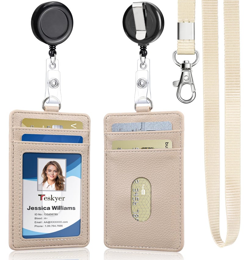 Teskyer PU Leather Badge Holder with Lanyard & 1 Retractable Badge Reel, Upgraded 4 Card Slots ID Card Holder for Office School Staff Employees ID Badges - Lychee Beige - Image 1