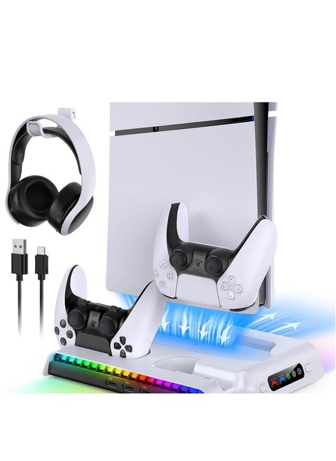PS5 Slim Cooling Stand with Controller Charging Station for PS5 Slim Console (Digital/Disc), PlayStation 5 Slim Accessories Includes RGB Lights & Headset Hook, 3-Level Silent Fan, 3 USB Port