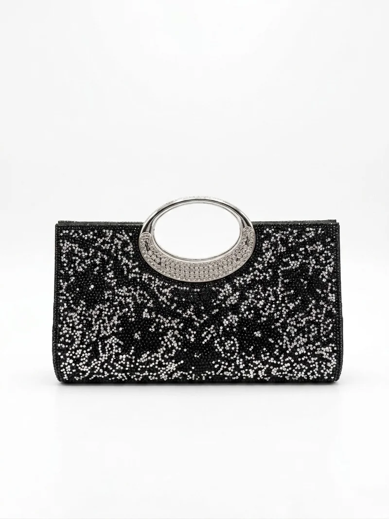 Viny Women's Luxury Crystal Clutch – Rhinestone Embellished with Crystal Ring Handle & Kiss Lock