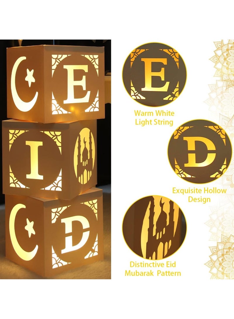 VUCATIN Eid Mubarak Decorations 3pcs Mubarak Eid Hollow Boxes with Lights Eid Mubarak Decorations for Home DIY Eid Mubarak Boxes for Ramadan Lights Decorations Eid Decorations Party Decor - Image 2