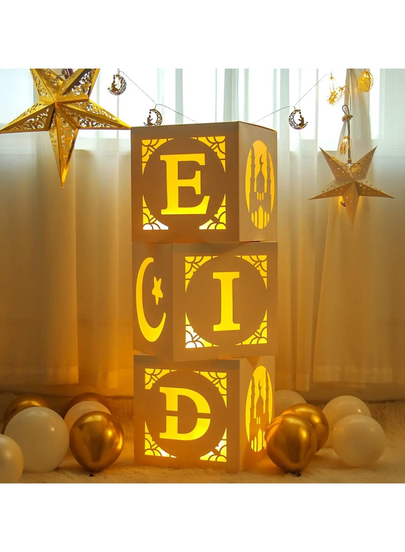 VUCATIN Eid Mubarak Decorations 3pcs Mubarak Eid Hollow Boxes with Lights Eid Mubarak Decorations for Home DIY Eid Mubarak Boxes for Ramadan Lights Decorations Eid Decorations Party Decor - Image 1