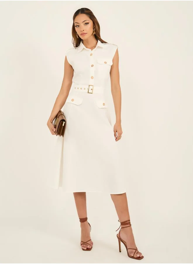 Styli Belted Shirt Midi Dress with Mock Flap Pocket