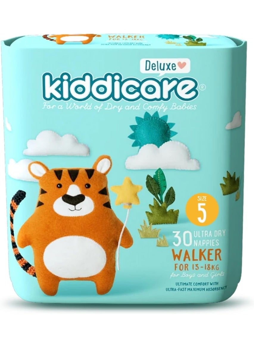 Kiddicare Baby Deluxe Walker Diaper Nappy, Size 5, 30 Count, Leakage Protection, 13-18 kg, Anti Rash, 12 Hours Absorption, Cottony Soft Ultra Fast High Absorb Technology