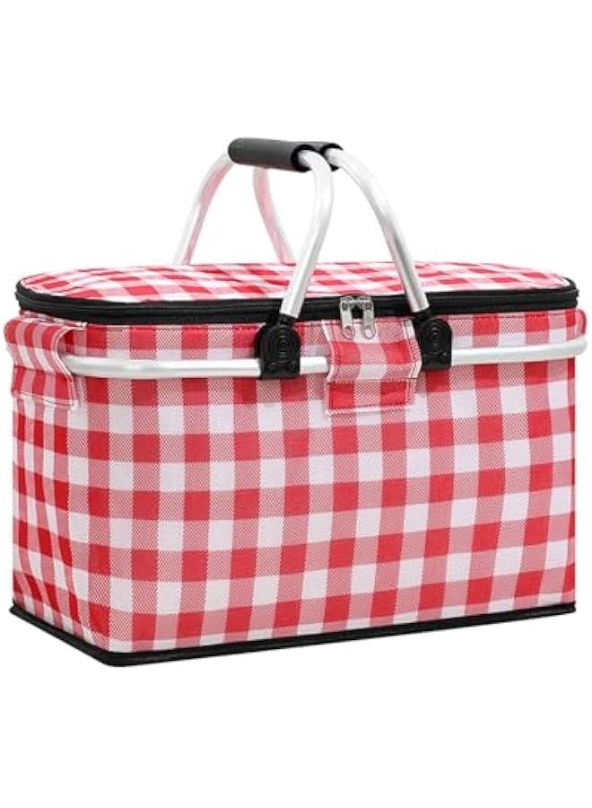 HOOKOR Large Size Insulated Picnic Basket, Foldable Cooler Bag, Waterproof Lining Cool Hamper Shopping Basket Bag Box for Camping, Hiking, Picnicking, Lake Trips, Family Vacations (Red) - Image 1