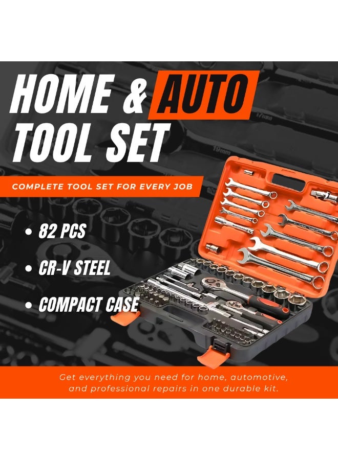 Nexso 82-Piece Tools Set Box – Premium Socket Wrench Set with Chrome Vanadium Steel, Ratchets, Extension Bars, Wrenches & T-Handles – Heavy Duty Blow-Molded Case for Automotive & Home Repairs - Image 2