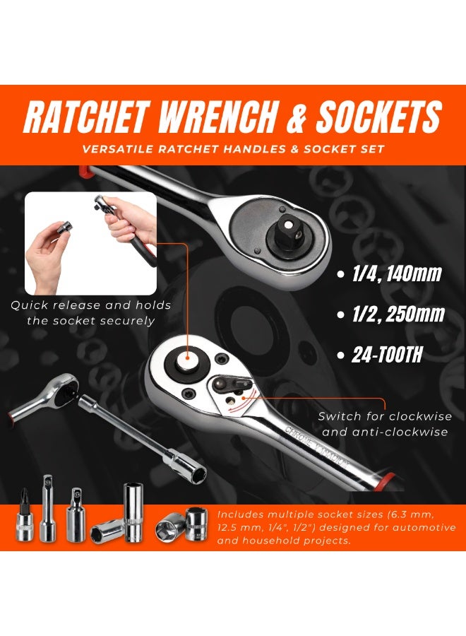 Nexso 82-Piece Tools Set Box – Premium Socket Wrench Set with Chrome Vanadium Steel, Ratchets, Extension Bars, Wrenches & T-Handles – Heavy Duty Blow-Molded Case for Automotive & Home Repairs - Image 5