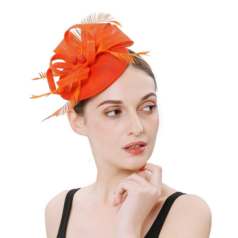 BUYITNOW Charming Feather Fascinators Headband Netting Mesh Hair Band for Wedding Cocktail Hat Party Derby Royal Banquet Orange - Image 3