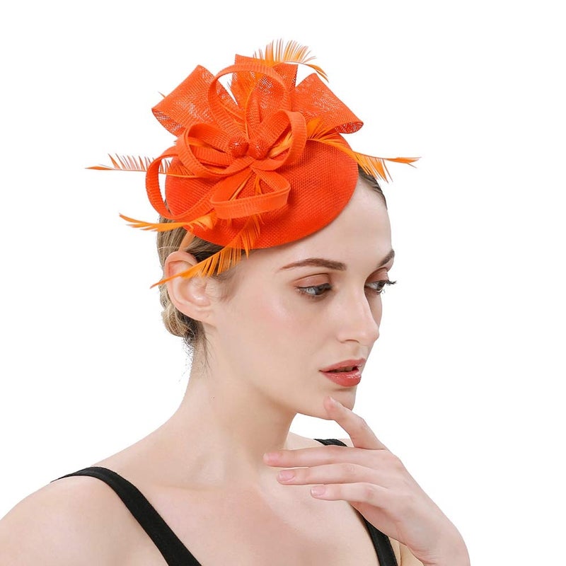 BUYITNOW Charming Feather Fascinators Headband Netting Mesh Hair Band for Wedding Cocktail Hat Party Derby Royal Banquet Orange - Image 2