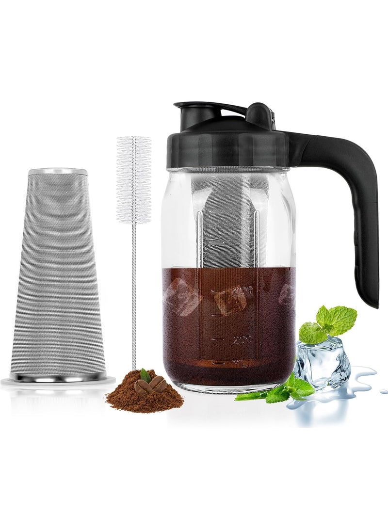 FASHION HOME Cold Brew Coffee Maker 32 oz Mason Jar Pitcher with Stainless Steel Filter Pour Spout Handle Lid Heavy Duty Glass Airtight & Leak-Proof Pitcher for iced coffee Tea Lemonade - Image 1