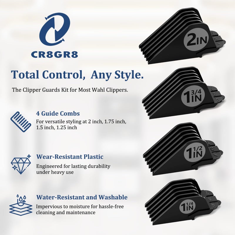 CR8GR8 Clipper Guards Set 10 12 14 16 Compatible with Wahl Clippers, 4pcs Extra Long Clipper Guides Replacement - 2", 1.75", 1.5", 1.25" Hair Guard Clipper, Black Clipper Guards for Wahl - Image 2